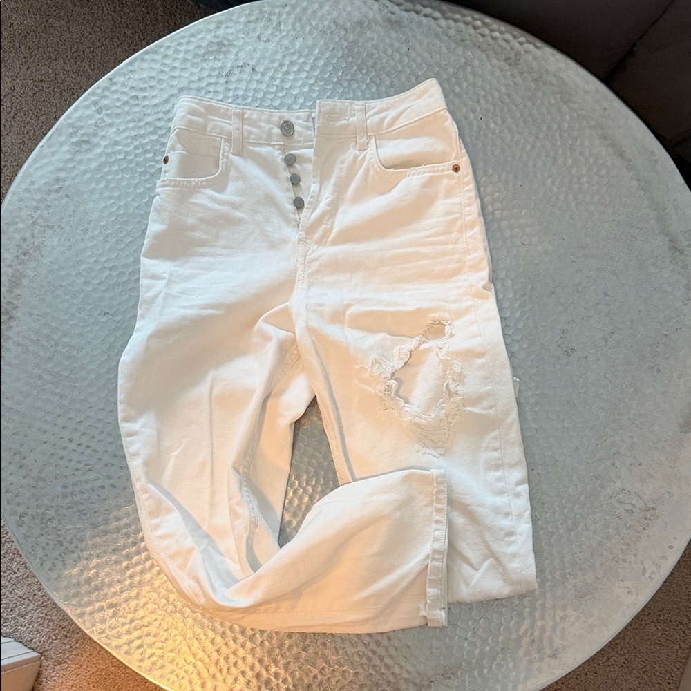 Zara High Rise White Distressed Jeans
